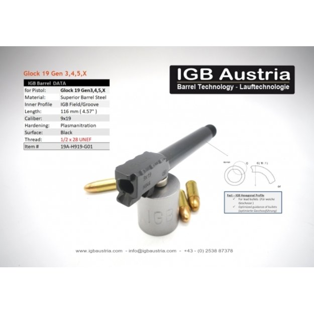 Sriegtas vamzdis Glock 19 GEN3,4,5,X  9x19